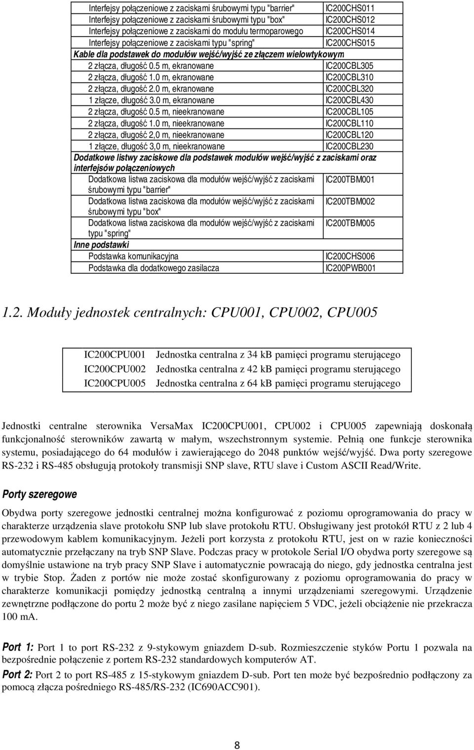 5 m, ekranowane IC200CBL305 2 złącza, długość 1.0 m, ekranowane IC200CBL310 2 złącza, długość 2.0 m, ekranowane IC200CBL320 1 złącze, długość 3.0 m, ekranowane IC200CBL430 2 złącza, długość 0.