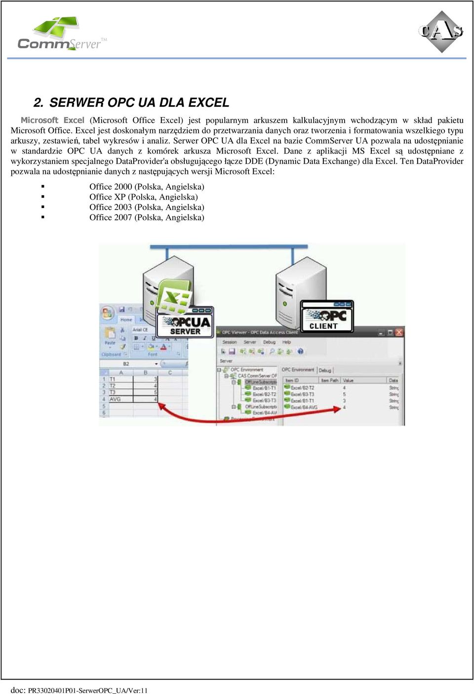 Serwer OPC UA dla Excel na bazie CommServer UA pozwala na udostępnianie w standardzie OPC UA danych z komórek arkusza Microsoft Excel.