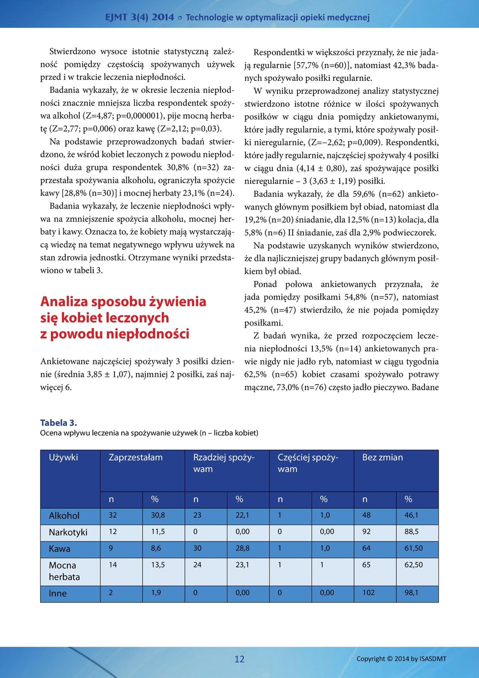 Na podstawie przeprowadzonych badań stwierdzono, że wśród kobiet leczonych z powodu niepłodności duża grupa respondentek 30,8% (n=32) zaprzestała spożywania alkoholu, ograniczyła spożycie kawy [28,8%