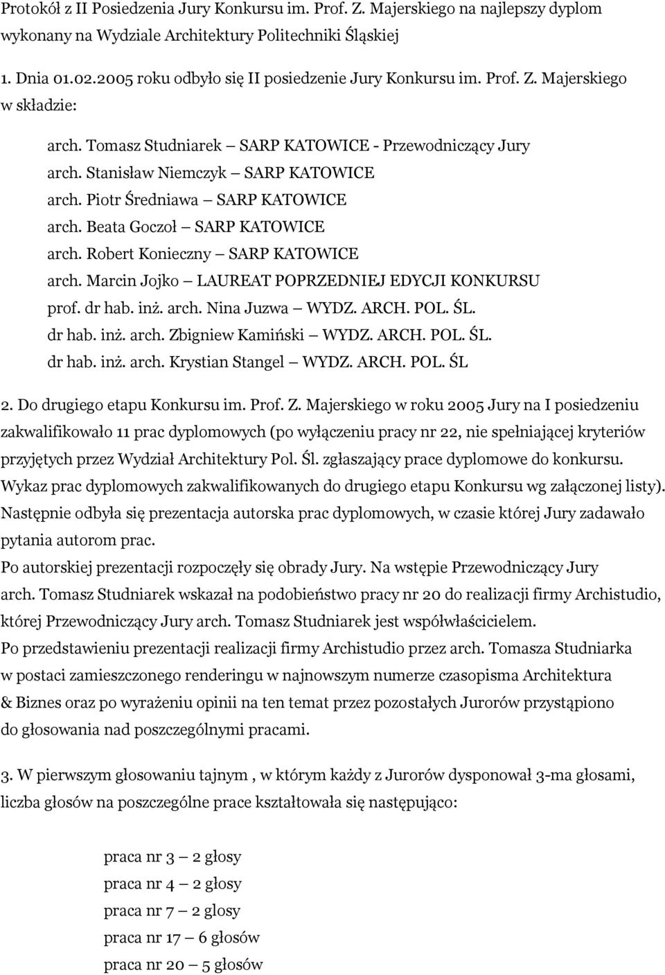 Piotr Średniawa SARP KATOWICE arch. Beata Goczoł SARP KATOWICE arch. Robert Konieczny SARP KATOWICE arch. Marcin Jojko LAUREAT POPRZEDNIEJ EDYCJI KONKURSU prof. dr hab. inż. arch. Nina Juzwa WYDZ.
