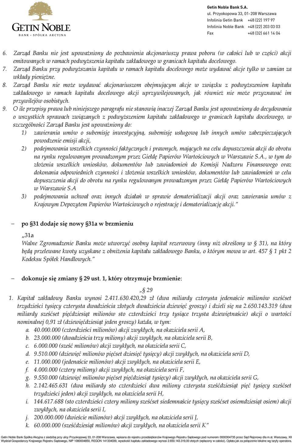 Zarząd Banku nie może wydawać akcjonariuszom obejmującym akcje w związku z podwyższeniem kapitału zakładowego w ramach kapitału docelowego akcji uprzywilejowanych, jak również nie może przyznawać im