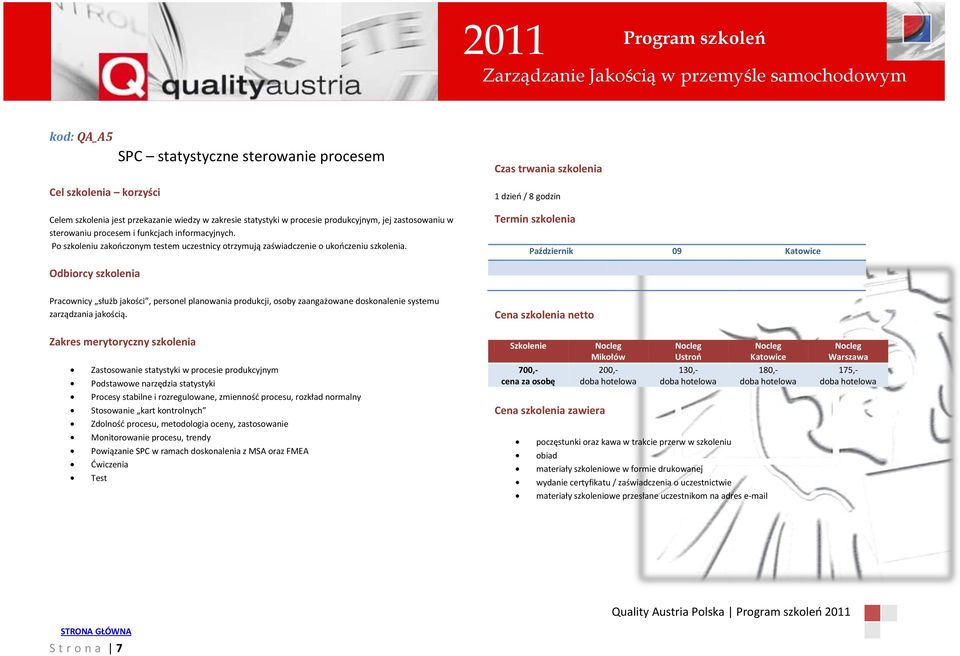 1 dzieo / 8 godzin Październik 09 Pracownicy służb jakości, personel planowania produkcji, osoby zaangażowane doskonalenie systemu zarządzania jakością.