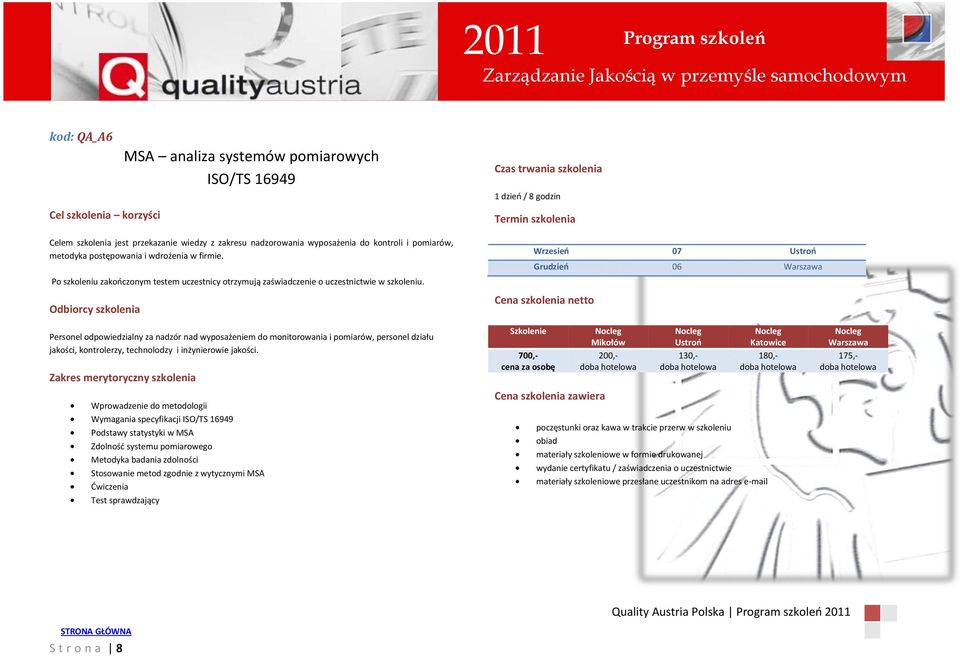 1 dzieo / 8 godzin Wrzesień 07 Grudzień 06 Personel odpowiedzialny za nadzór nad wyposażeniem do monitorowania i pomiarów, personel działu jakości, kontrolerzy, technolodzy i