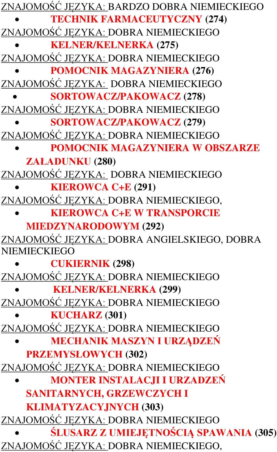 MIEDZYNARODOWYM (292) ZNAJOMOŚĆ JĘZYKA: DOBRA ANGIELSKIEGO, DOBRA NIEMIECKIEGO CUKIERNIK (298) KELNER/KELNERKA (299) KUCHARZ (301) MECHANIK