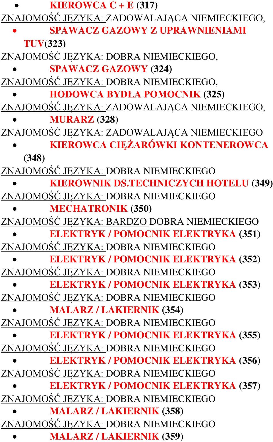 TECHNICZYCH HOTELU (349) MECHATRONIK (350) ZNAJOMOŚĆ JĘZYKA: BARDZO DOBRA NIEMIECKIEGO ELEKTRYK / POMOCNIK ELEKTRYKA (351) ELEKTRYK / POMOCNIK ELEKTRYKA (352) ELEKTRYK /