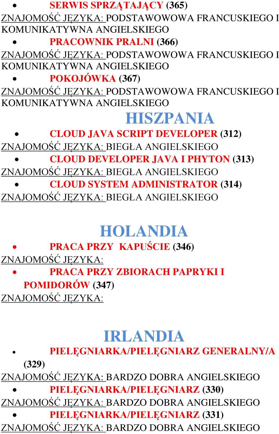 PHYTON (313) ZNAJOMOŚĆ JĘZYKA: BIEGŁA ANGIELSKIEGO CLOUD SYSTEM ADMINISTRATOR (314) ZNAJOMOŚĆ JĘZYKA: BIEGŁA ANGIELSKIEGO HOLANDIA PRACA PRZY KAPUŚCIE (346) ZNAJOMOŚĆ JĘZYKA: PRACA PRZY ZBIORACH