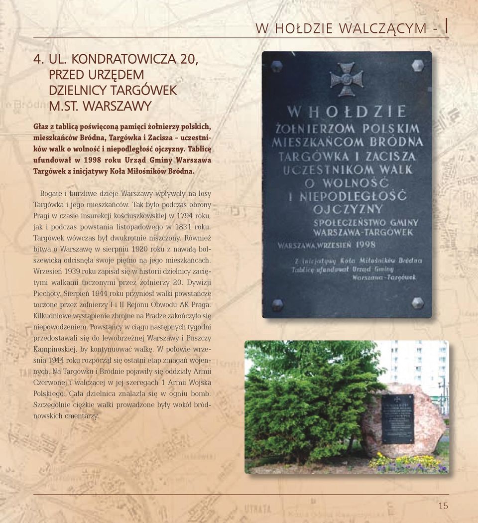 Tablicę ufundował w 1998 roku Urząd Gminy Warszawa Targówek z inicjatywy Koła Miłośników Bródna. Bogate i burzliwe dzieje Warszawy wpływały na losy Targówka i jego mieszkańców.