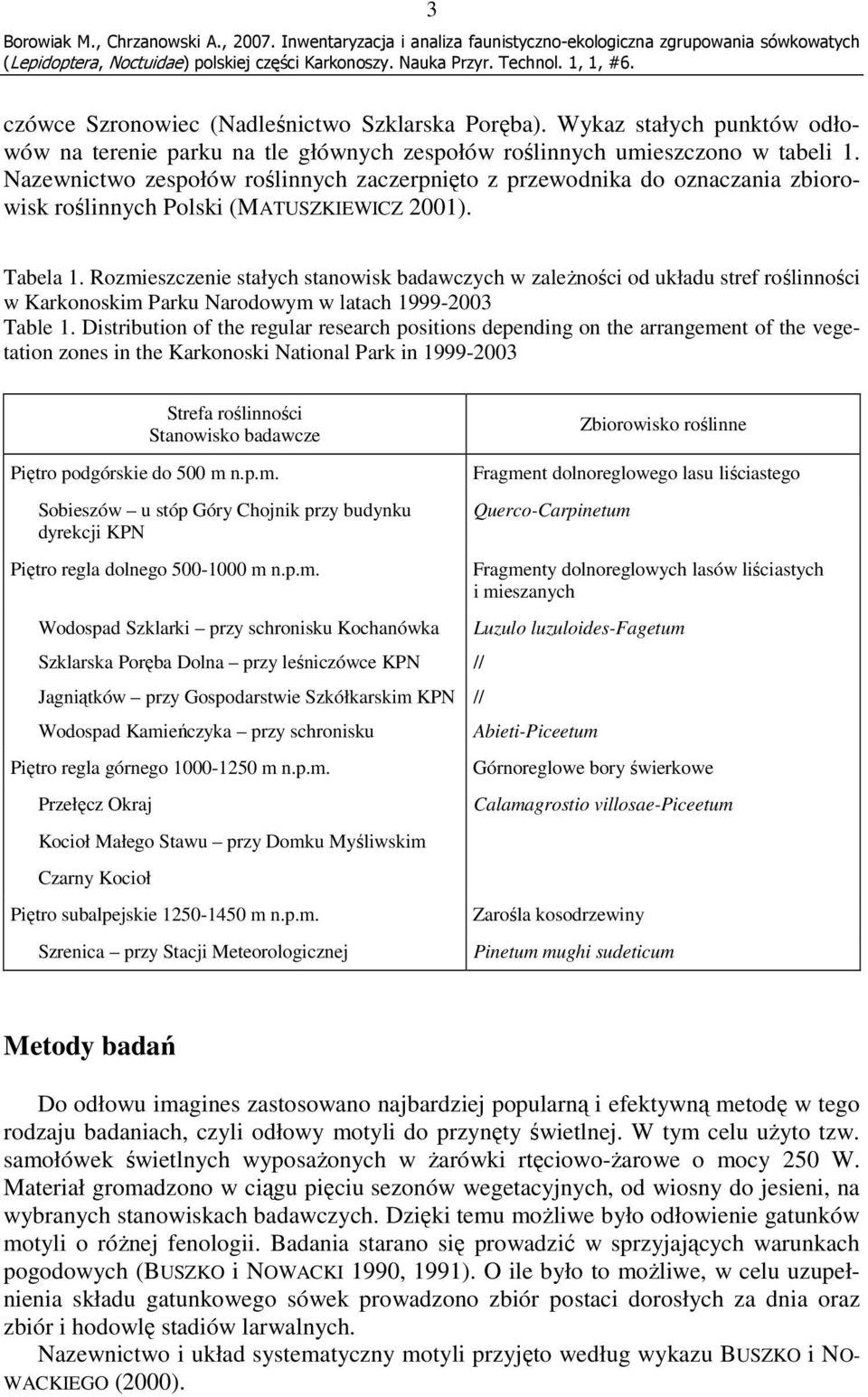 Rozmieszczenie stałych stanowisk badawczych w zaleŝności od układu stref roślinności w Karkonoskim Parku Narodowym w latach 1999-2003 Table 1.