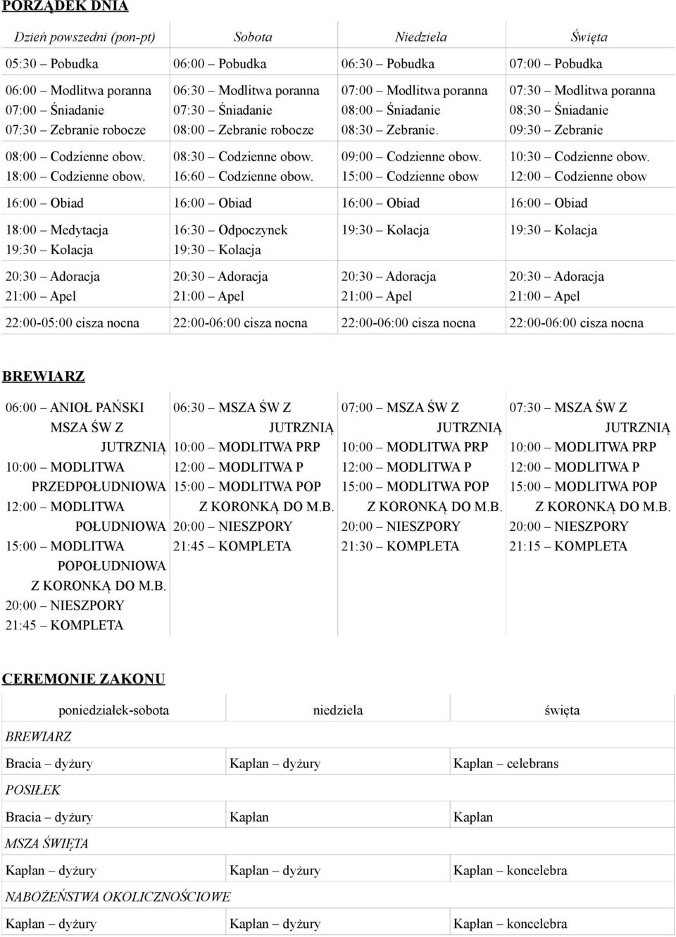 08:30 Codzienne obow. 16:60 Codzienne obow. 09:00 Codzienne obow. 15:00 Codzienne obow 10:30 Codzienne obow.