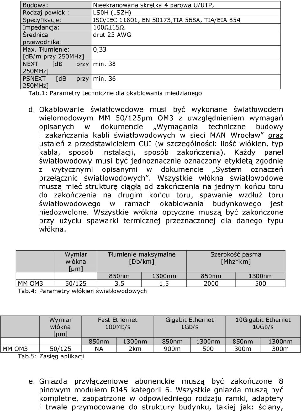 Okablowanie światłowodowe musi być wykonane światłowodem wielomodowym MM 50/125µm OM3 z uwzględnieniem wymagań opisanych w dokumencie Wymagania techniczne budowy i zakańczania kabli światłowodowych w