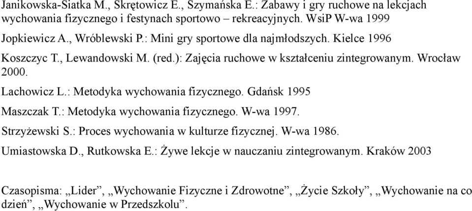 : Metodyka wychowania fizycznego. Gdańsk 1995 Maszczak T.: Metodyka wychowania fizycznego. W-wa 1997. Strzyżewski S.: Proces wychowania w kulturze fizycznej. W-wa 1986.