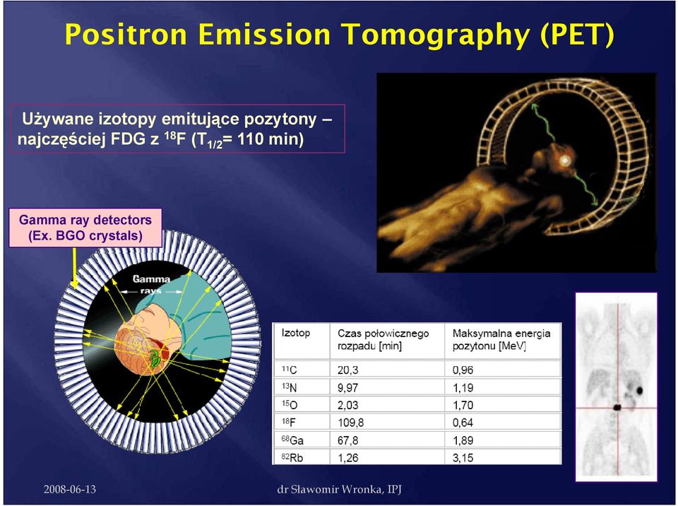 najczęściej FDG z 18 F (T 1/2 = 110