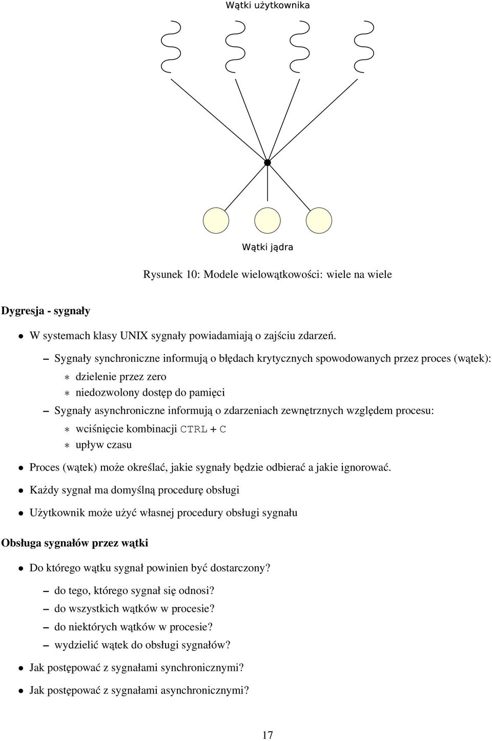 zewnętrznych względem procesu: wciśnięcie kombinacji CTRL + C upływ czasu Proces (wątek) może określać, jakie sygnały będzie odbierać a jakie ignorować.