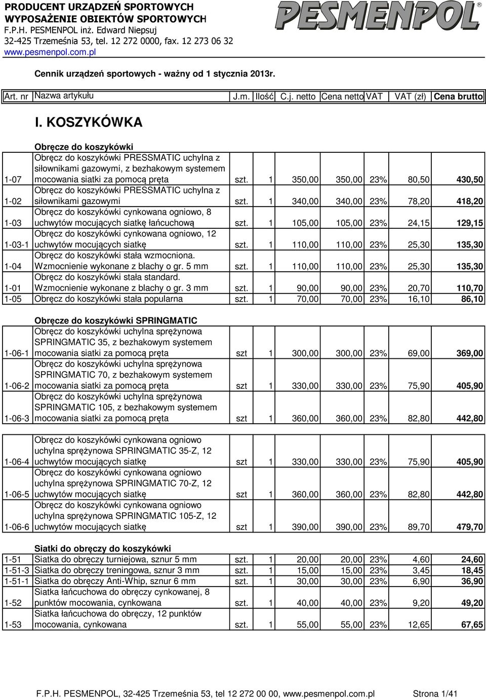 KOSZYKÓWKA Obręcze do koszykówki 1-07 Obręcz do koszykówki PRESSMATIC uchylna z siłownikami gazowymi, z bezhakowym systemem mocowania siatki za pomocą pręta szt.