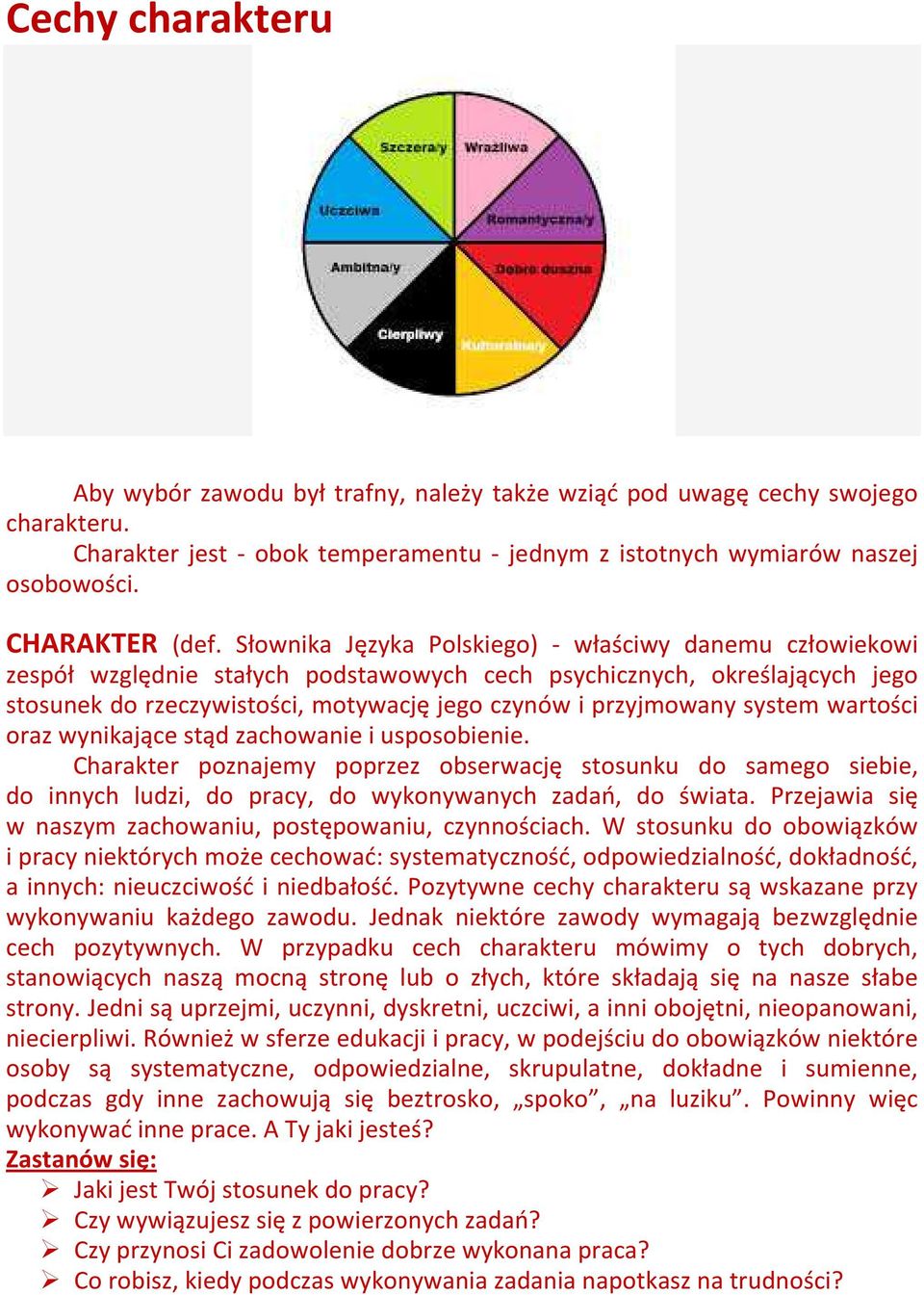 system wartości oraz wynikające stąd zachowanie i usposobienie. Charakter poznajemy poprzez obserwację stosunku do samego siebie, do innych ludzi, do pracy, do wykonywanych zadań, do świata.