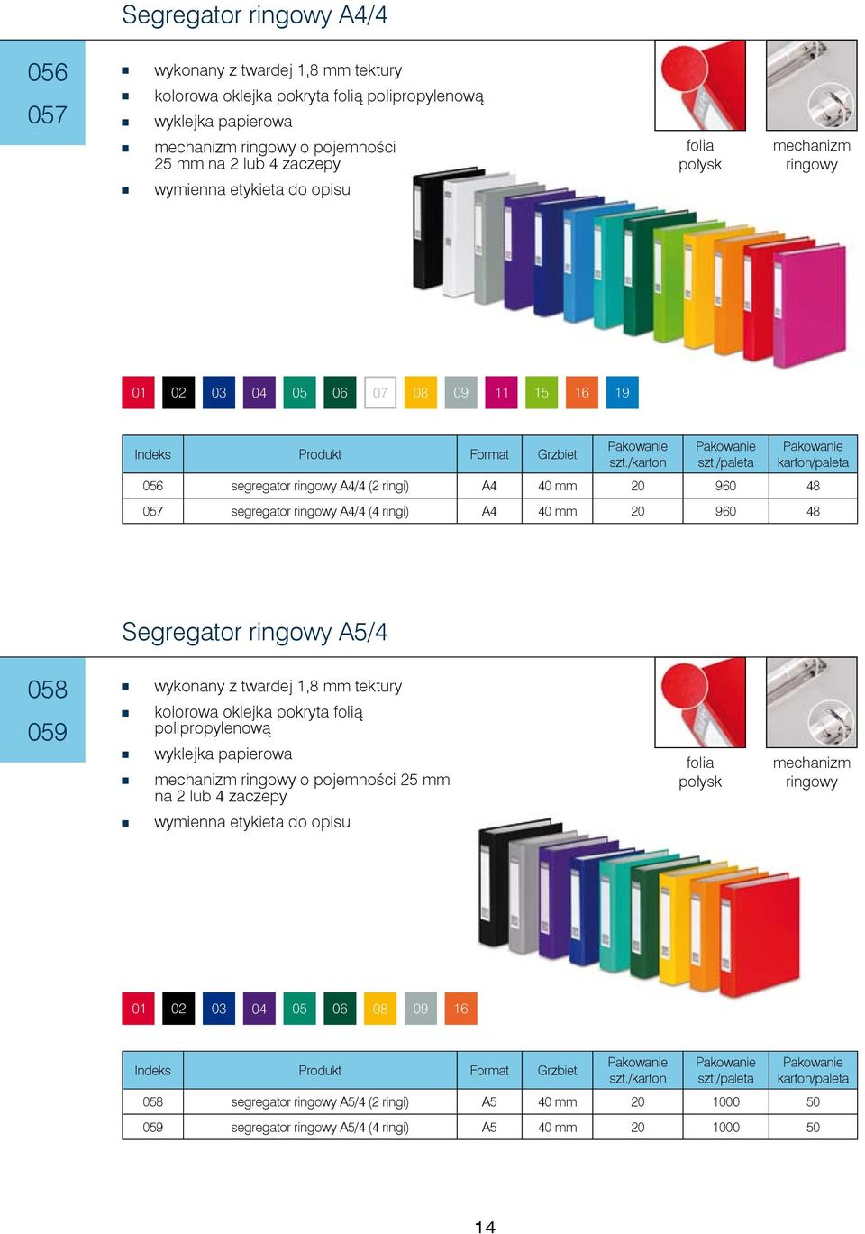 Segregator ringowy A5/4 058 059 wykonany z twardej 1,8 mm tektury kolorowa oklejka pokryta folią polipropylenową wyklejka papierowa mechanizm ringowy o pojemności 25 mm na 2 lub 4