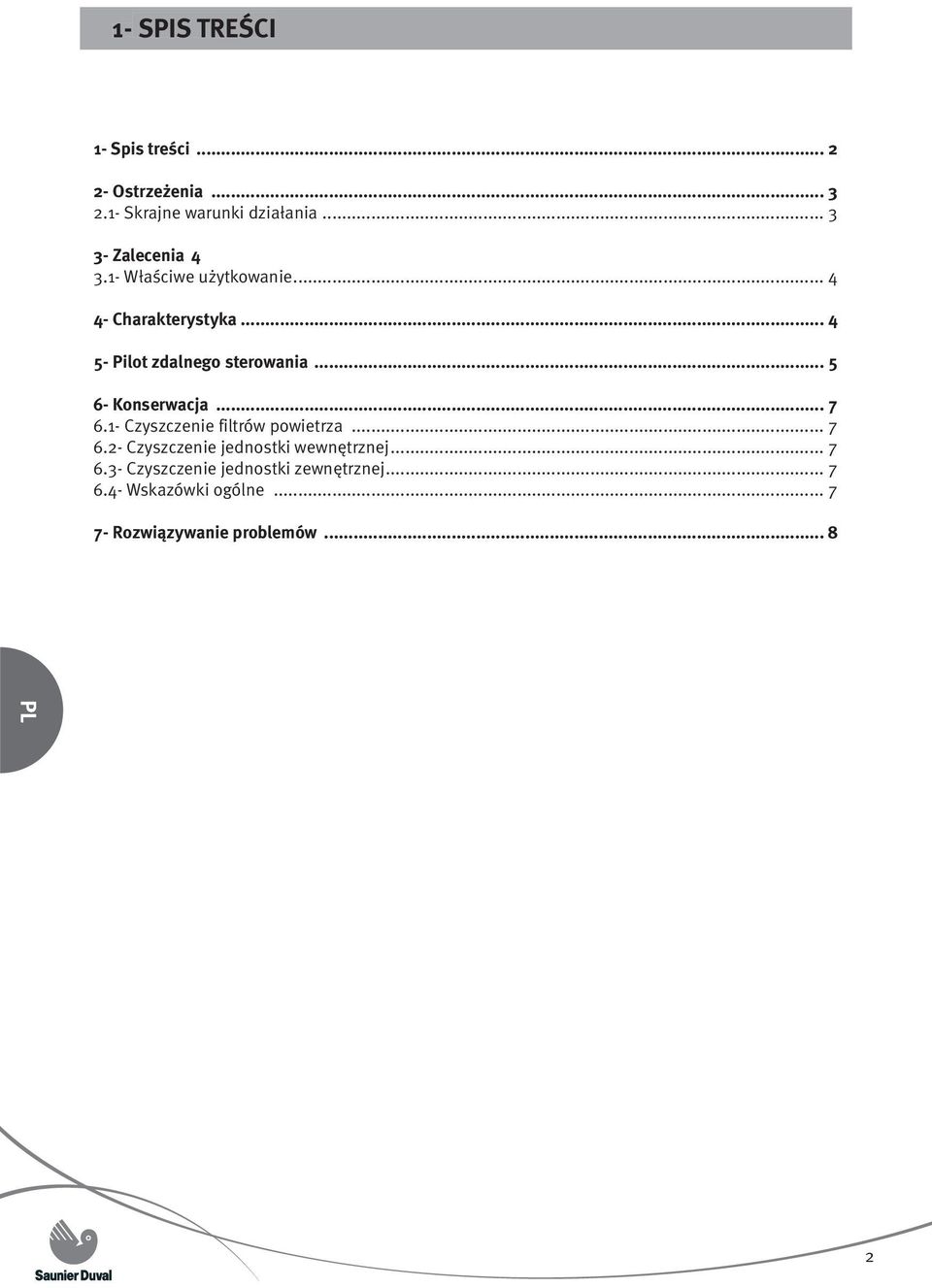 .. 4 5- Pilot zdalnego sterowania... 5 6- Konserwacja... 7 6.1- Czyszczenie filtrów powietrza... 7 6.2- Czyszczenie jednostki wewnętrznej.