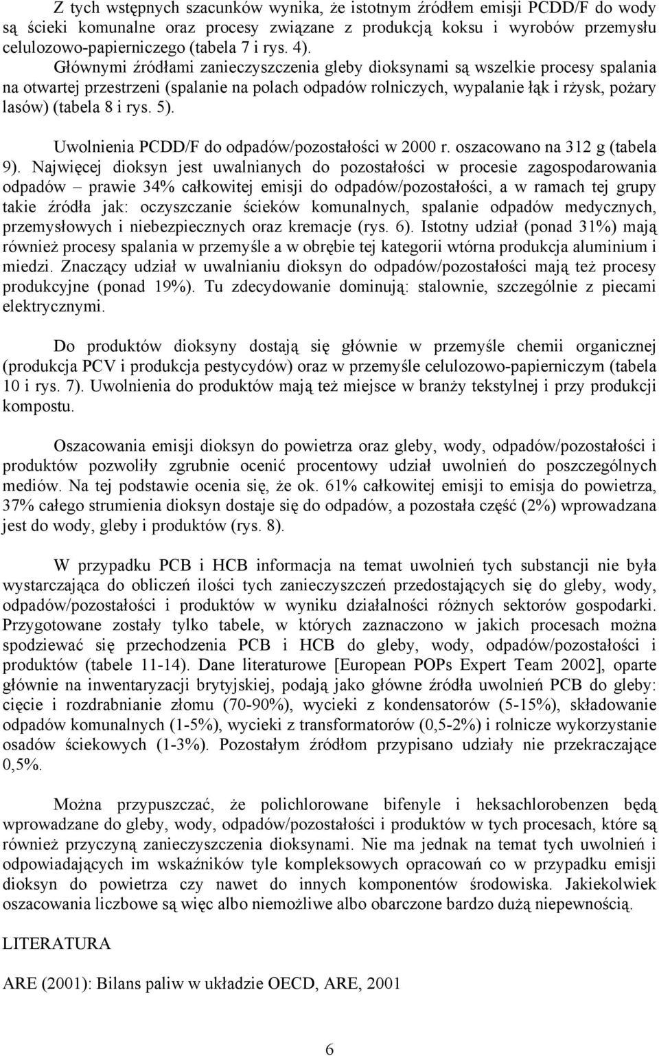 rys. 5). Uwolnienia PCDD/F do odpadów/pozostałości w 2000 r. oszacowano na 312 g (tabela 9).
