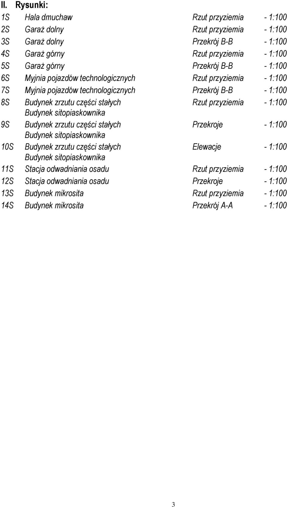 przyziemia - 1:100 Budynek sitopiaskownika 9S Budynek zrzutu części stałych Przekroje - 1:100 Budynek sitopiaskownika 10S Budynek zrzutu części stałych Elewacje - 1:100 Budynek