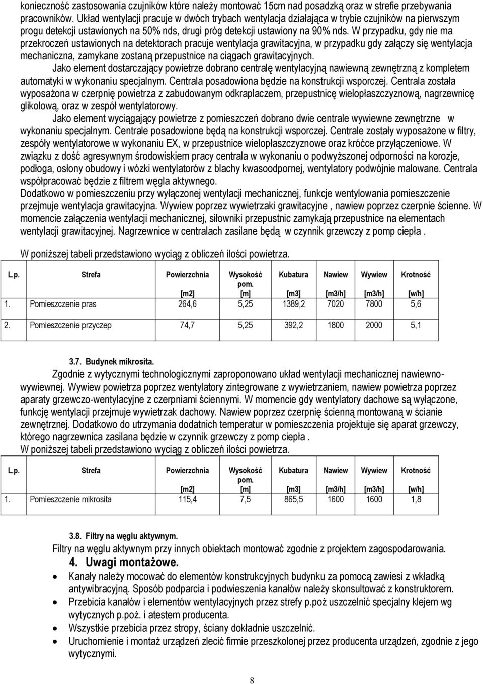W przypadku, gdy nie ma przekroczeń ustawionych na detektorach pracuje wentylacja grawitacyjna, w przypadku gdy załączy się wentylacja mechaniczna, zamykane zostaną przepustnice na ciągach