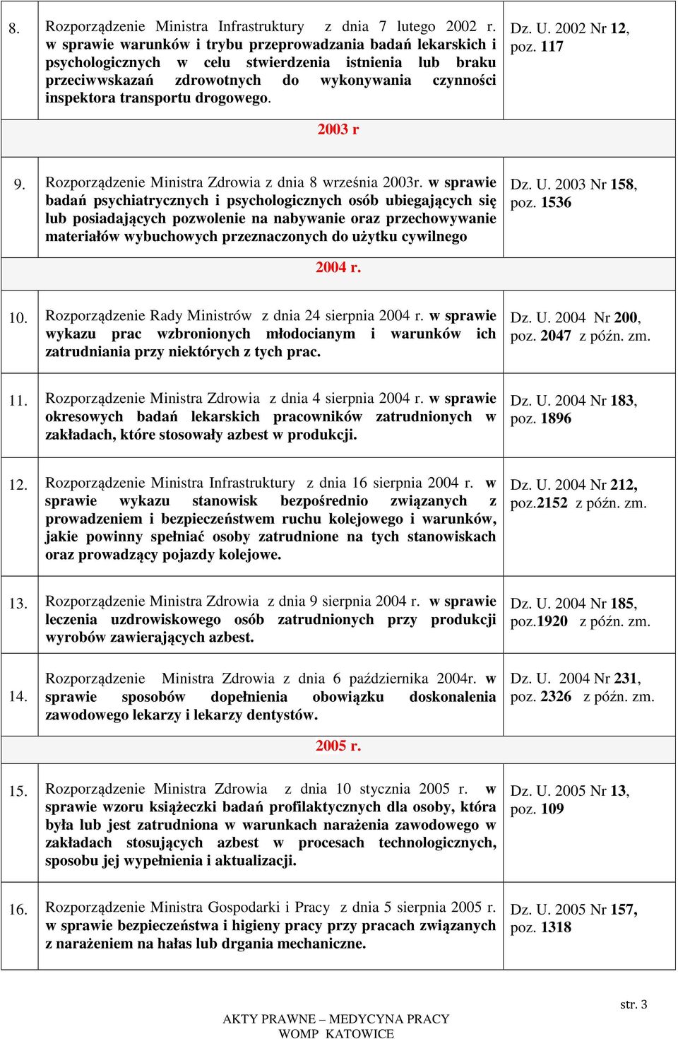 drogowego. Dz. U. 2002 Nr 12, poz. 117 2003 r 9. Rozporządzenie Ministra Zdrowia z dnia 8 września 2003r.