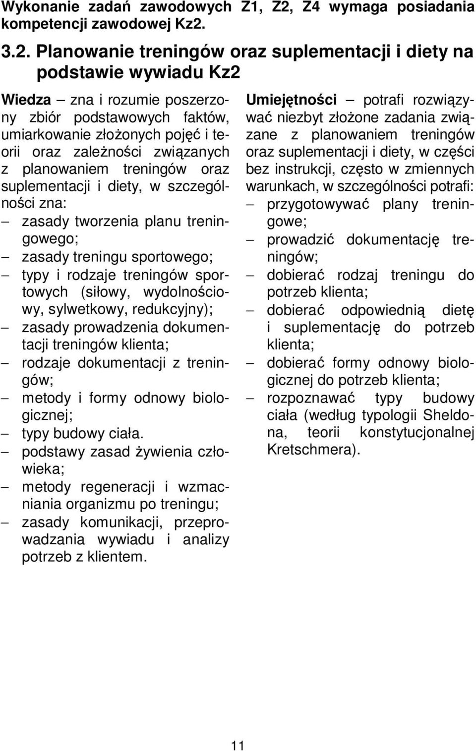 3.2. Planowanie treningów oraz suplementacji i diety na podstawie wywiadu Kz2 Wiedza zna i rozumie poszerzony zbiór podstawowych faktów, umiarkowanie złożonych pojęć i teorii oraz zależności