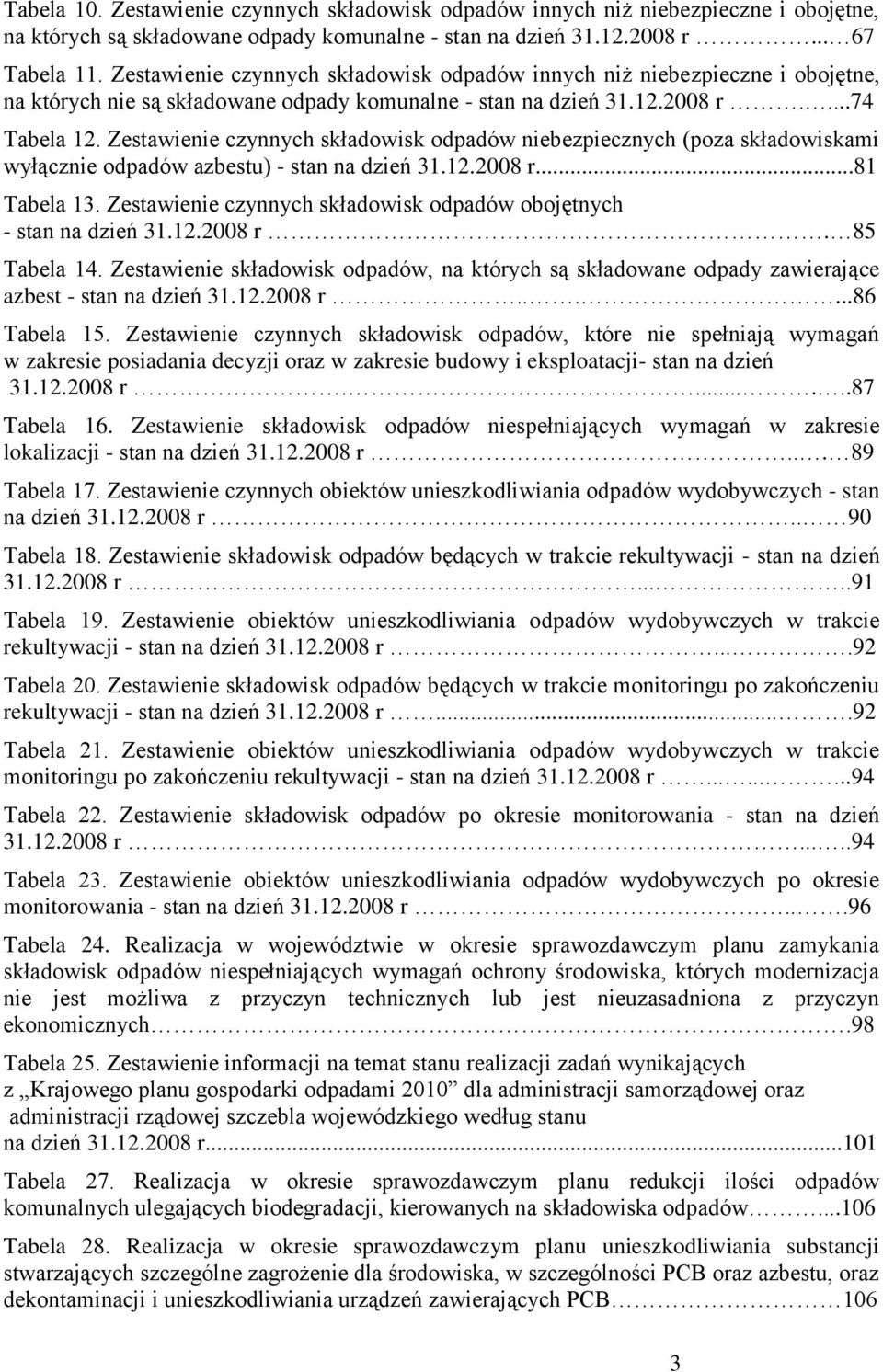 Zestawienie czynnych składowisk odpadów niebezpiecznych (poza składowiskami wyłącznie odpadów azbestu) - stan na dzień 31.12.2008 r...81 Tabela 13.