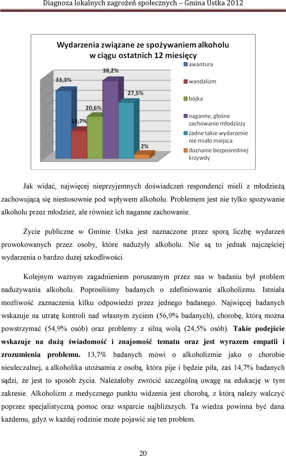 Życie publiczne w Gminie Ustka jest naznaczone przez sporą liczbę wydarzeń prowokowanych przez osoby, które nadużyły alkoholu. Nie są to jednak najczęściej wydarzenia o bardzo dużej szkodliwości.