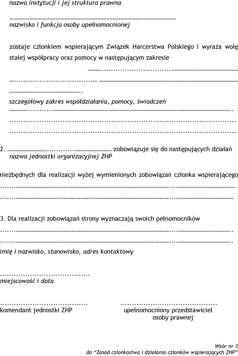 ... zobowiązuje się do następujących działań nazwa jednostki organizacyjnej ZHP niezbędnych dla realizacji wyżej wymienionych zobowiązań członka wspierającego............. 3.