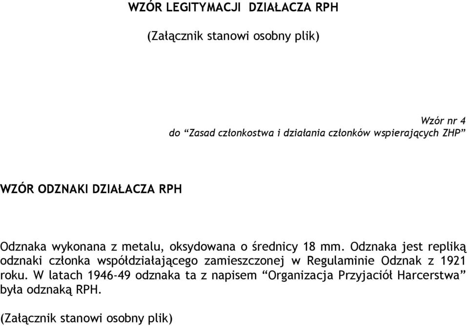 Odznaka jest repliką odznaki członka współdziałającego zamieszczonej w Regulaminie Odznak z