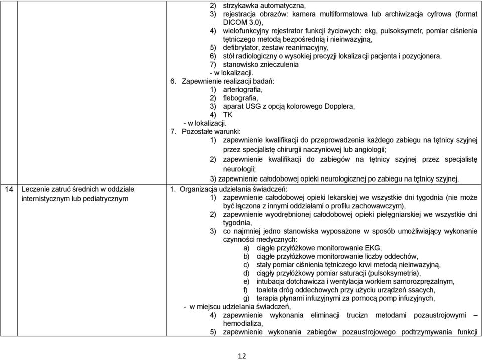 wysokiej precyzji lokalizacji pacjenta i pozycjonera, 7) stanowisko znieczulenia 6. Zapewnienie realizacji badań: 1) arteriografia, 2) flebografia, 3) aparat USG z opcją kolorowego Dopplera, 4) TK 7.