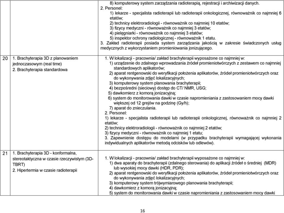 - równoważnik co najmniej 3 etatów; 4) pielęgniarki - równoważnik co najmniej 3 etatów; 5) inspektor ochrony radiologicznej - równoważnik 1 etatu. 3. Zakład radioterapii posiada system zarządzania jakością w zakresie świadczonych usług medycznych z wykorzystaniem promieniowania jonizującego.