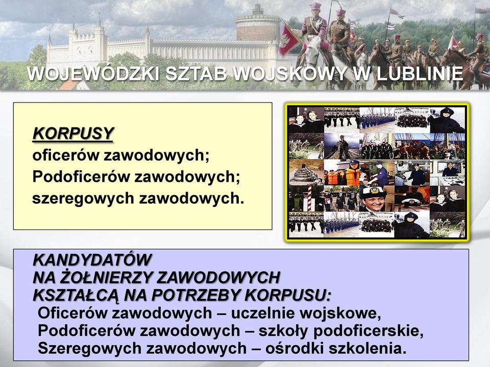 KANDYDATÓW NA ŻOŁNIERZY ZAWODOWYCH KSZTAŁCĄ NA POTRZEBY KORPUSU: