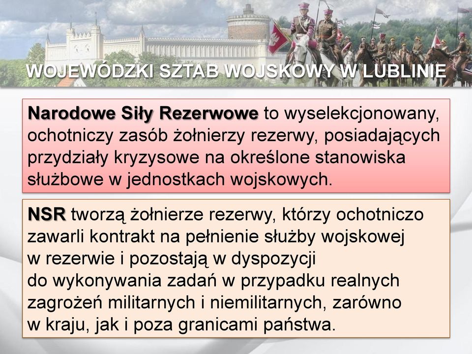 NSR tworzą żołnierze rezerwy, którzy ochotniczo zawarli kontrakt na pełnienie służby wojskowej w rezerwie i