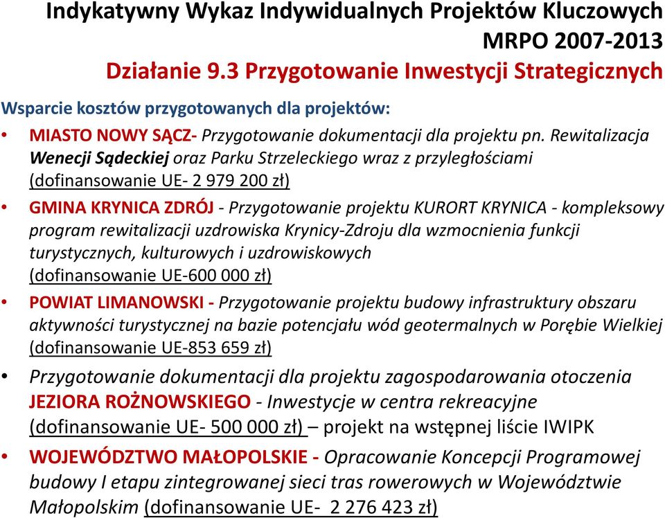 Rewitalizacja Wenecji Sądeckiej oraz Parku Strzeleckiego wraz z przyległościami (dofinansowanie UE- 2 979 200 zł) GMINA KRYNICA ZDRÓJ -Przygotowanie projektu KURORT KRYNICA -kompleksowy program