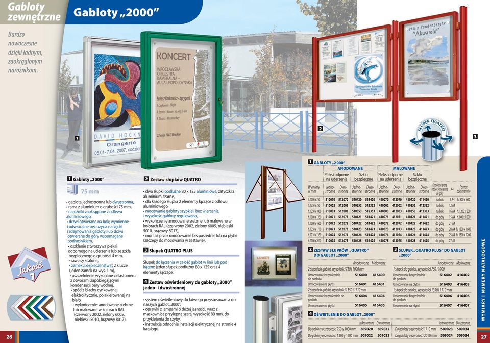 wymienne i odwracalne bez użycia narzędzi i zdejmowania gabloty; lub drzwi otwierane do góry wspomagane podnośnikiem, oszklenie z tworzywa pleksi odpornego na uderzenia lub ze szkła bezpiecznego o