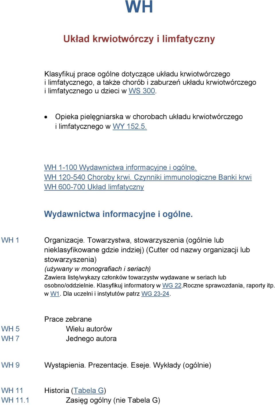 Czynniki immunologiczne Banki krwi WH 600-700 Układ limfatyczny Wydawnictwa informacyjne i ogólne. WH 1 Organizacje.