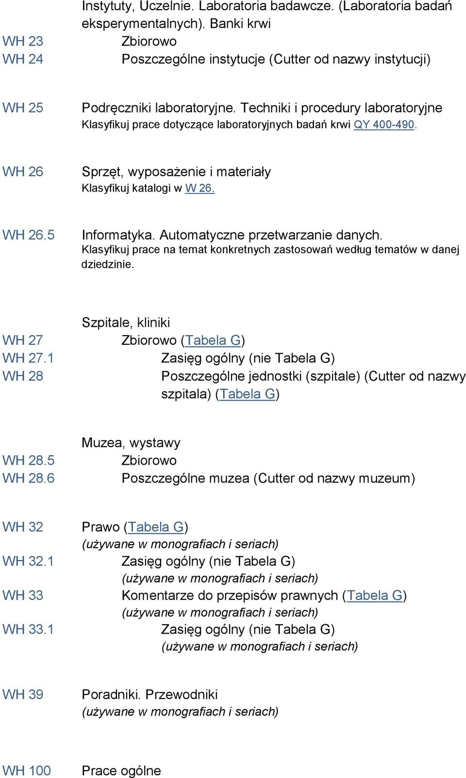 Automatyczne przetwarzanie danych. Klasyfikuj prace na temat konkretnych zastosowań według tematów w danej dziedzinie. Szpitale, kliniki WH 27 Zbiorowo (Tabela G) WH 27.