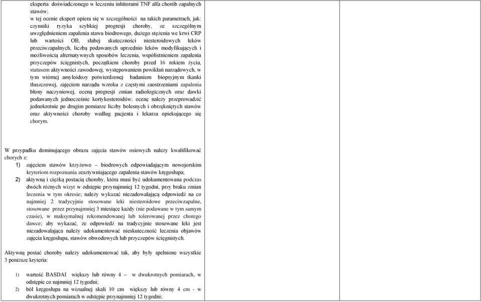 modyfikujących i możliwością alternatywnych sposobów leczenia, współistnieniem zapalenia przyczepów ścięgnistych, początkiem choroby przed 16 rokiem życia, statusem aktywności zawodowej,