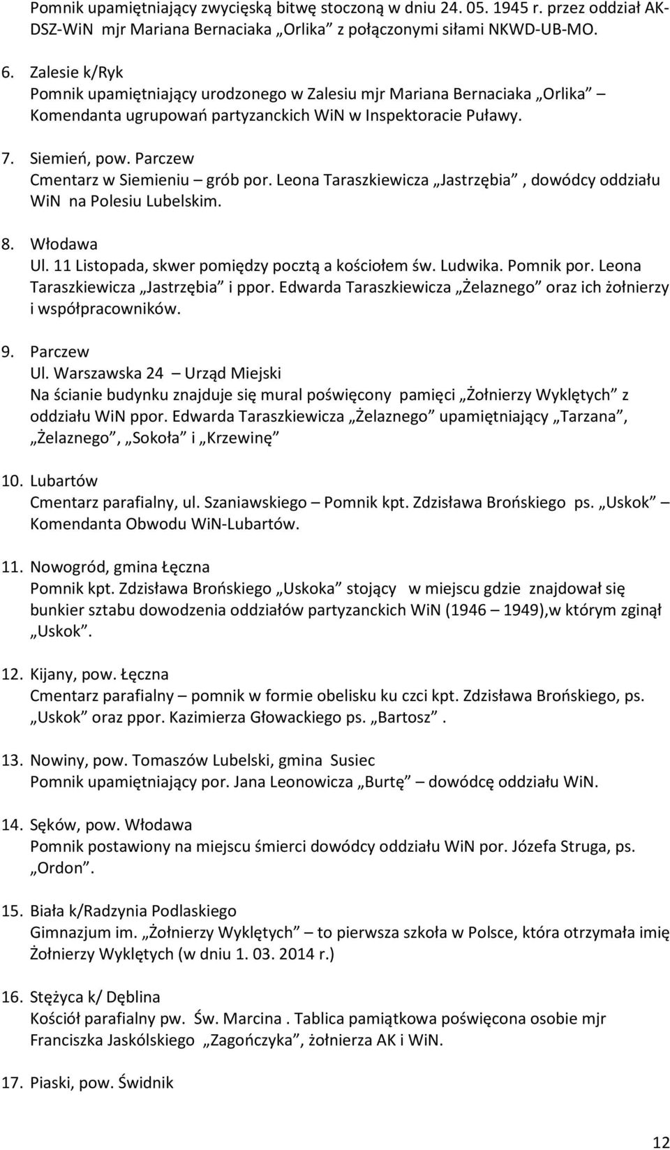 Parczew Cmentarz w Siemieniu grób por. Leona Taraszkiewicza Jastrzębia, dowódcy oddziału WiN na Polesiu Lubelskim. 8. Włodawa Ul. 11 Listopada, skwer pomiędzy pocztą a kościołem św. Ludwika.