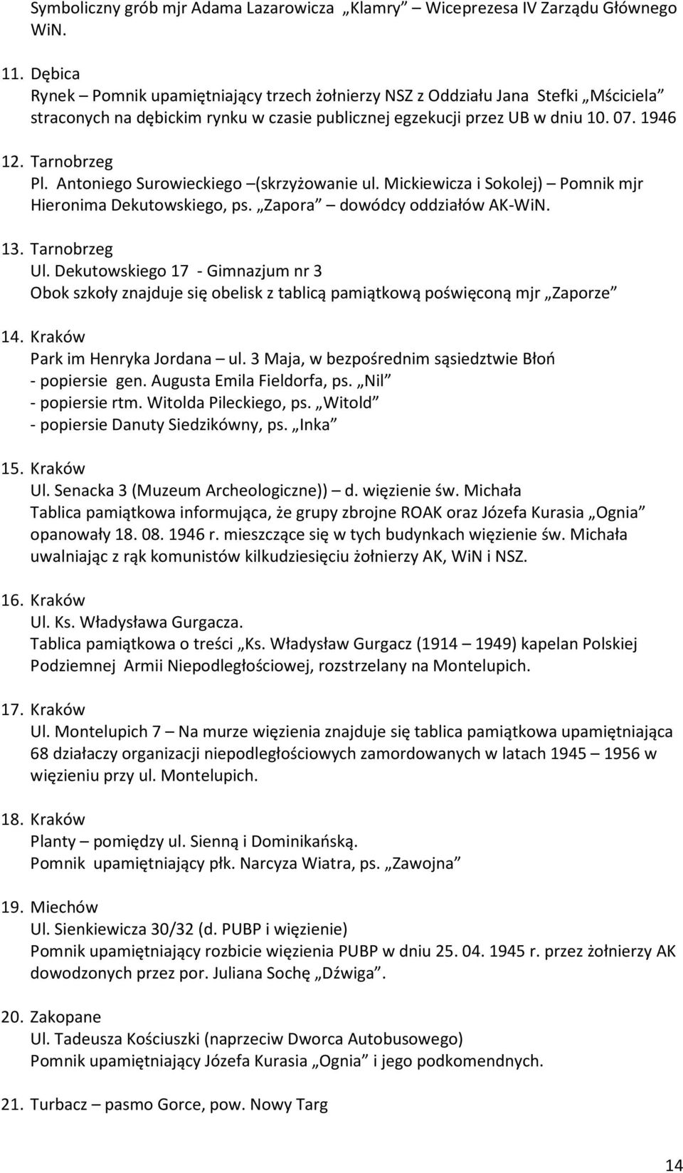 Antoniego Surowieckiego (skrzyżowanie ul. Mickiewicza i Sokolej) Pomnik mjr Hieronima Dekutowskiego, ps. Zapora dowódcy oddziałów AK-WiN. 13. Tarnobrzeg Ul.