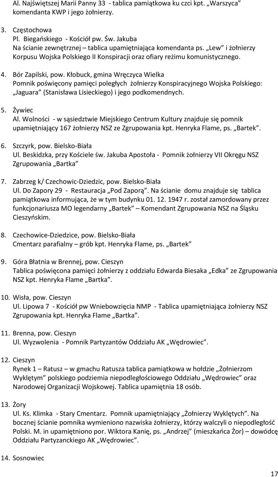 Kłobuck, gmina Wręczyca Wielka Pomnik poświęcony pamięci poległych żołnierzy Konspiracyjnego Wojska Polskiego: Jaguara (Stanisława Lisieckiego) i jego podkomendnych. 5. Żywiec Al.