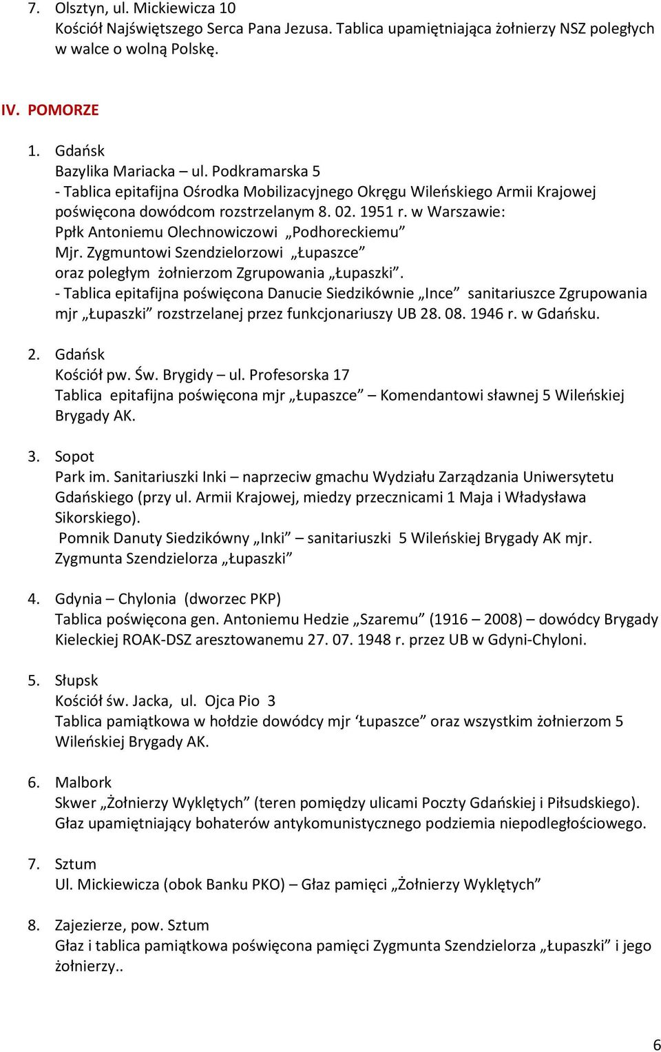 w Warszawie: Ppłk Antoniemu Olechnowiczowi Podhoreckiemu Mjr. Zygmuntowi Szendzielorzowi Łupaszce oraz poległym żołnierzom Zgrupowania Łupaszki.