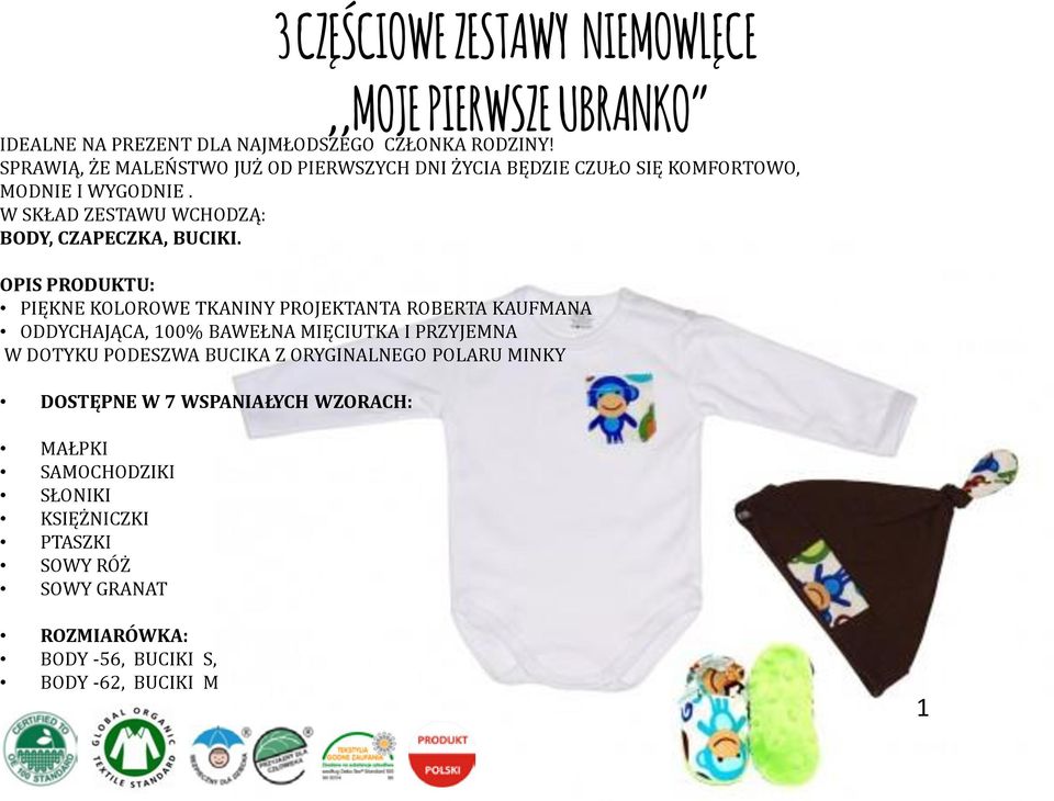 W SKŁAD ZESTAWU WCHODZĄ: BODY, CZAPECZKA, BUCIKI.