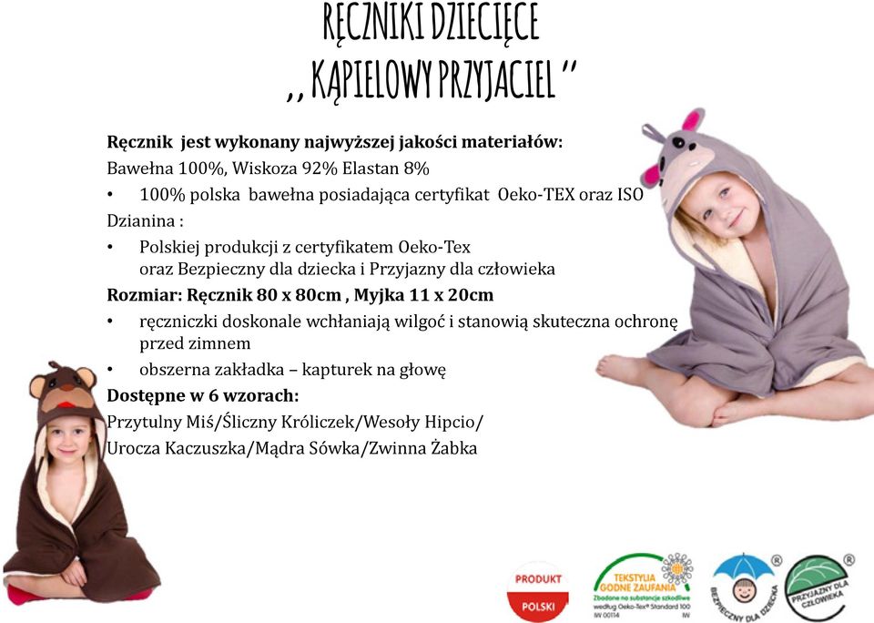 Przyjazny dla człowieka Rozmiar: Ręcznik 80 x 80cm, Myjka 11 x 20cm ręczniczki doskonale wchłaniają wilgoć i stanowią skuteczna ochronę przed