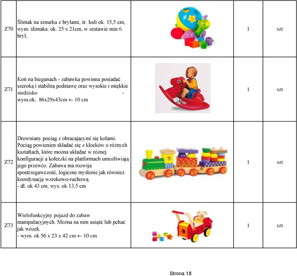 Pociąg powienien składać się z klocków o różnych kształtach, które można układać w różnej konfiguracji a kołeczki na platformach umożliwiają jego przewóz.