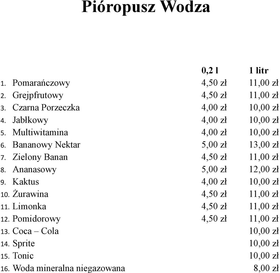 Bananowy Nektar 5,00 zł 13,00 zł 7. Zielony Banan 4,50 zł 11,00 zł 8. Ananasowy 5,00 zł 12,00 zł 9. Kaktus 4,00 zł 10,00 zł 10.