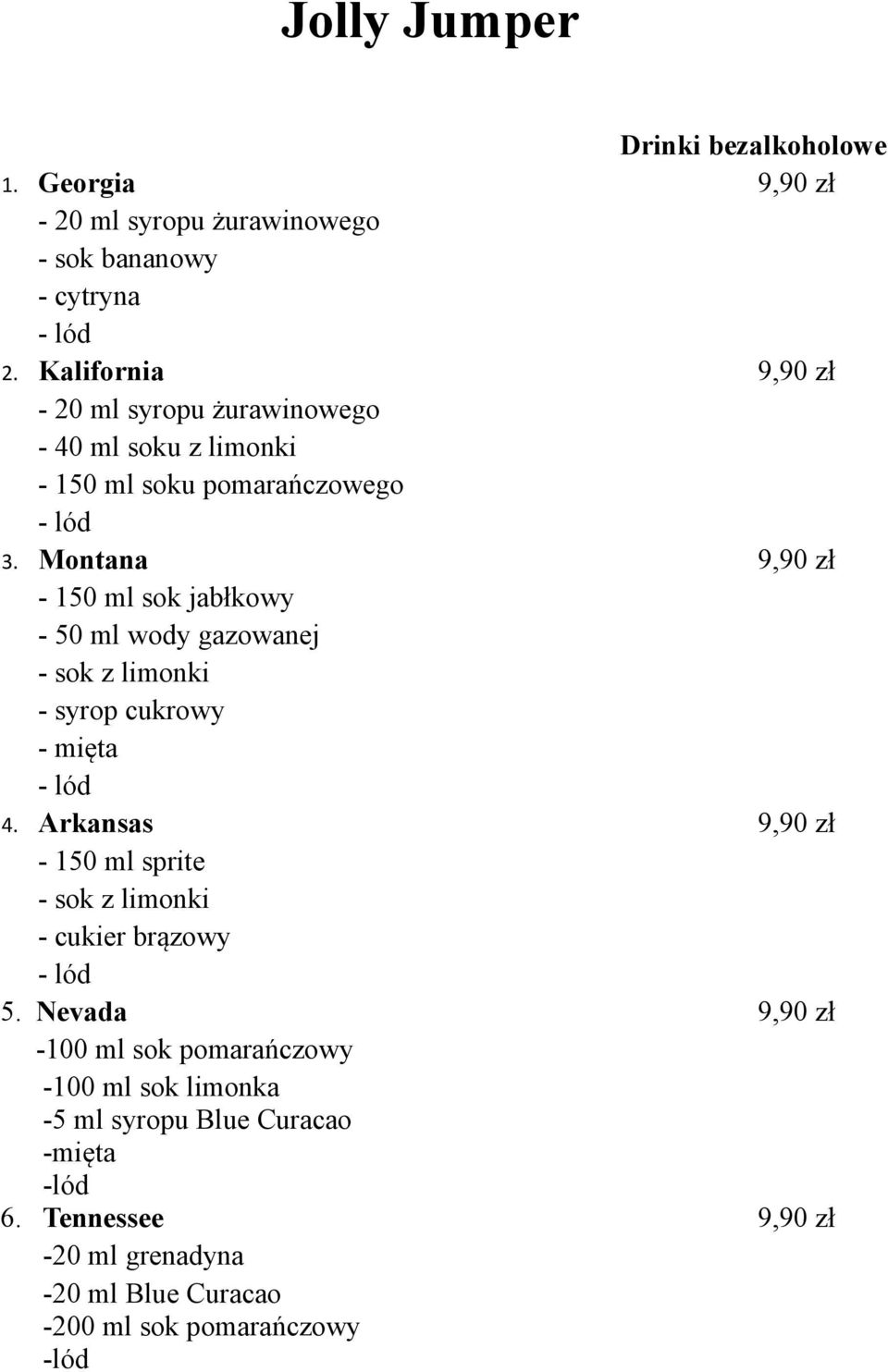 Montana - 150 ml sok jabłkowy - 50 ml wody gazowanej - sok z limonki - syrop cukrowy - mięta - lód 4.