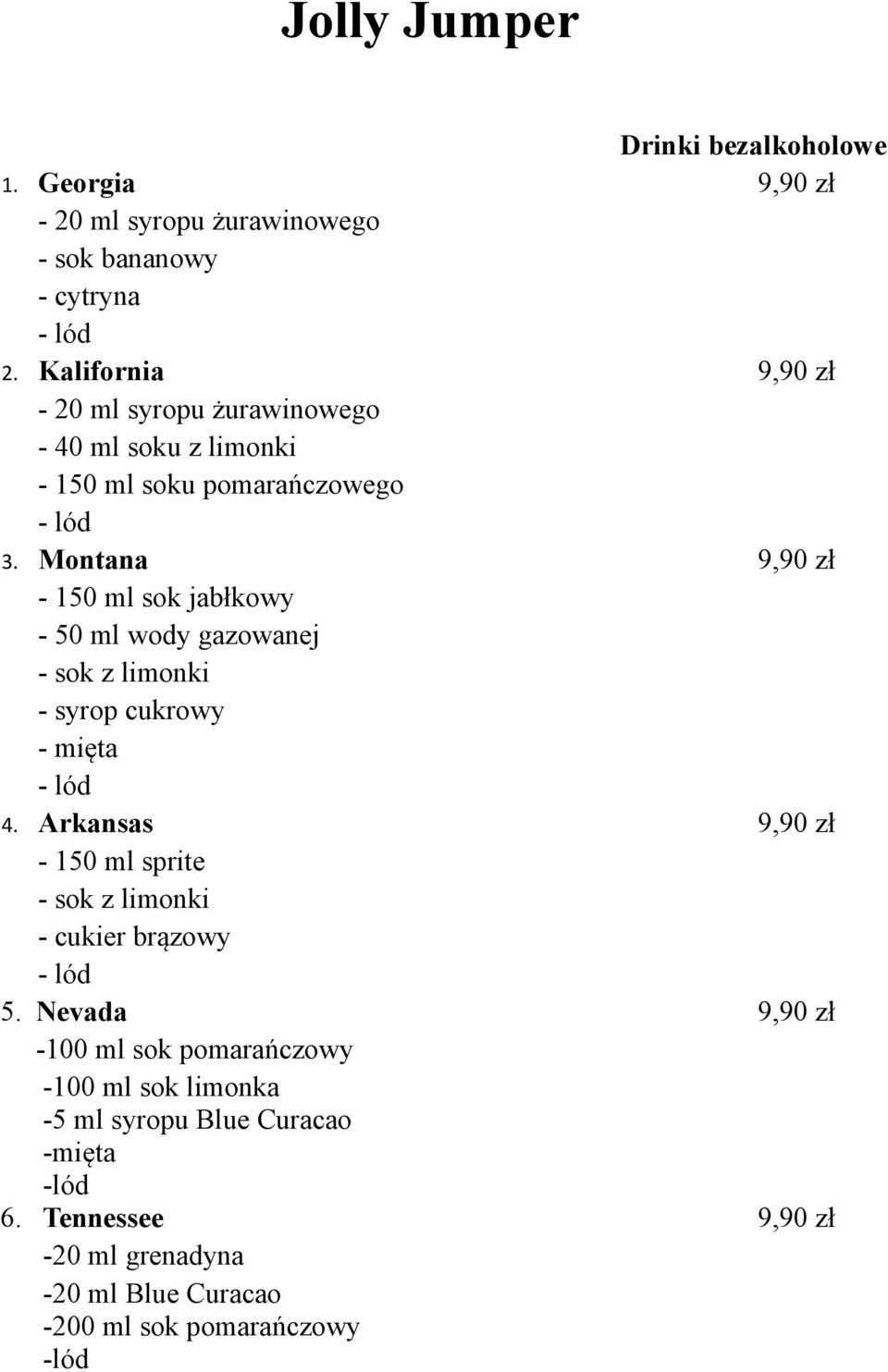 Montana - 150 ml sok jabłkowy - 50 ml wody gazowanej - sok z limonki - syrop cukrowy - mięta - lód 4.