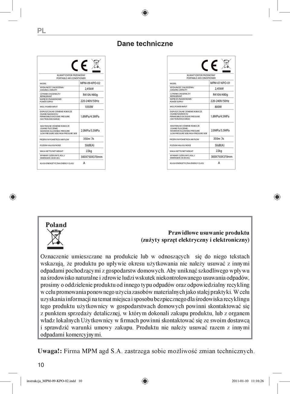 5MPa MODEL WYDAJNOŚĆ CHŁODZENIA/ COOLING CAPACITY CZYNNIK CHŁODNICZY/ REFRIGERANT NAPIĘCIE ZNAMIONOWE/ POWER SUPPLY MOC/POWER INPUT KLIMATYZATOR PRZENOŚNY PORTABLE AIR CONDITIONER MPM-07-KPO-01